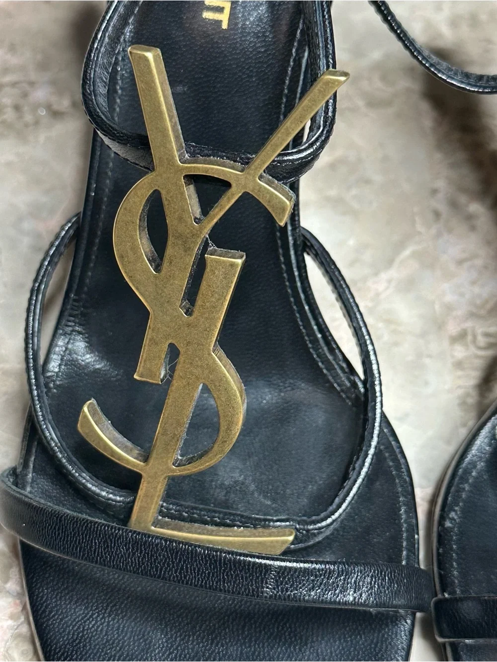Saint Laurent Black Leather Heeled Sandals with Gold YSL Monogram - Picture 7 of 16